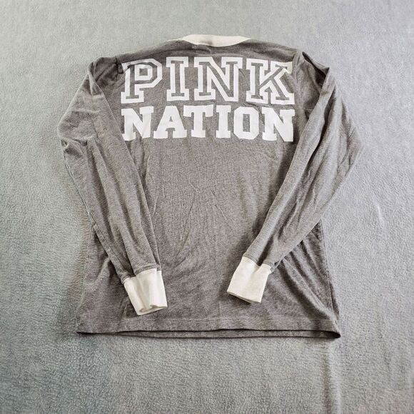 PINK Victoria's Secret Shirt Women XS Gray Nation Tee Long Sleeve Logo Crew Neck - Picture 9 of 10
